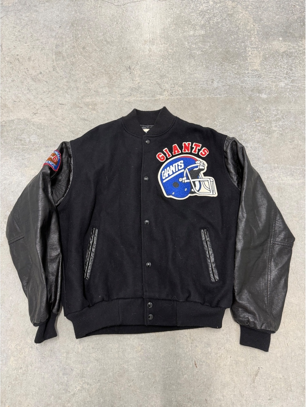 Vintage 1980s Chalk Line NY Giants Wool Leather Varsity Jacket  NFL Helmet